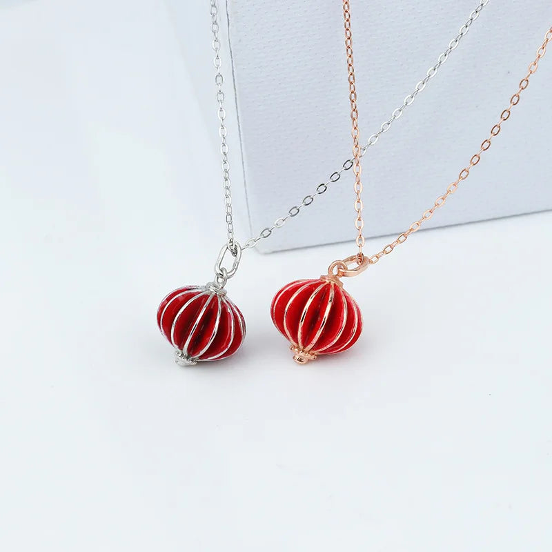 BONLAVIE S925 Sterling Silver Red Lantern Necklace Female Clavicle Chain City Chinese Style  New Year Accessories