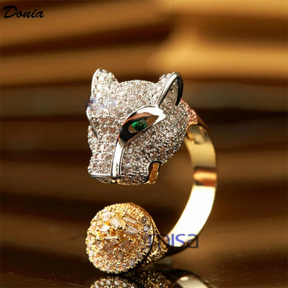 Donia Jewelry Europe and the United States high-grade copper inlaid AAA zircon bracelet Leopard head animal bracelet ring 2 set