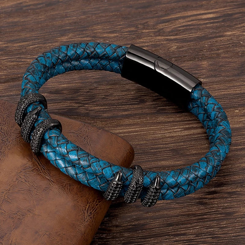 MKENDN Punk Men Vintage Blue Braided Genuine Leather Bracelet Black Dragon Claw Homme Femme Bracelets Handmade Jewelry Pulseras