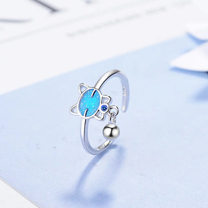 Simple Cute Blue Cat Bead Ring.