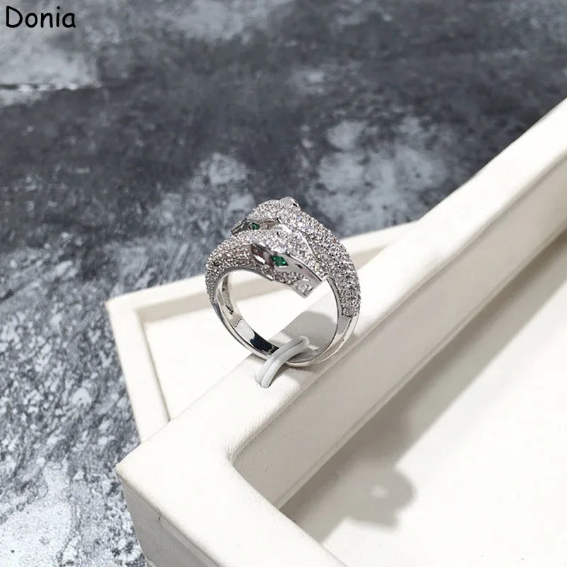 Donia jewelry European and American fashion double panther head copper micro-inlaid zircon ring animal ring luxury ring