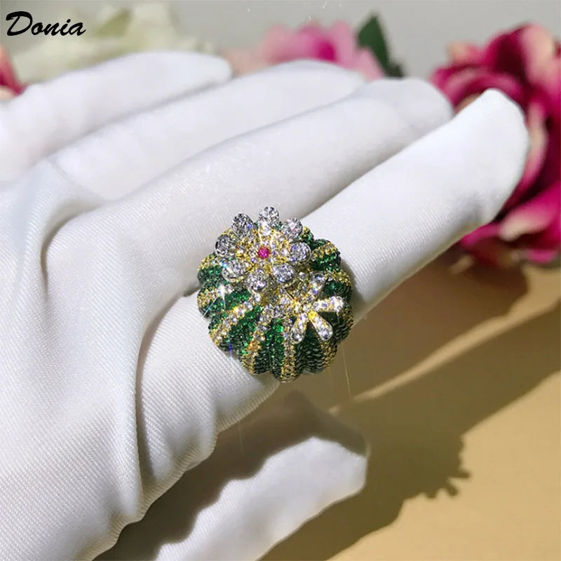 Donia Jewelry Fashion New Titanium Micro-Inlaid Green AAA Zircon Flower Opening Ring Cactus Rotating Classic Lady Gift