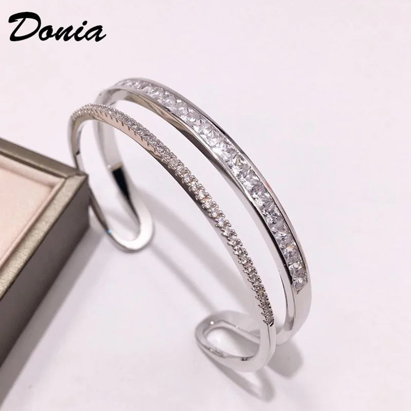 Donia jewelry Fashion copper micro-inlaid jewelry shiny beautiful double-row Zircon square Zircon C-shaped double bracelet