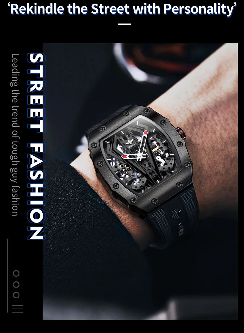 OUPINKE Mens Watches Luxury Brand Automatic Mechanical Wristwatch Fashion Skeleton Silicone Strap Sports Waterproof  Watch Men