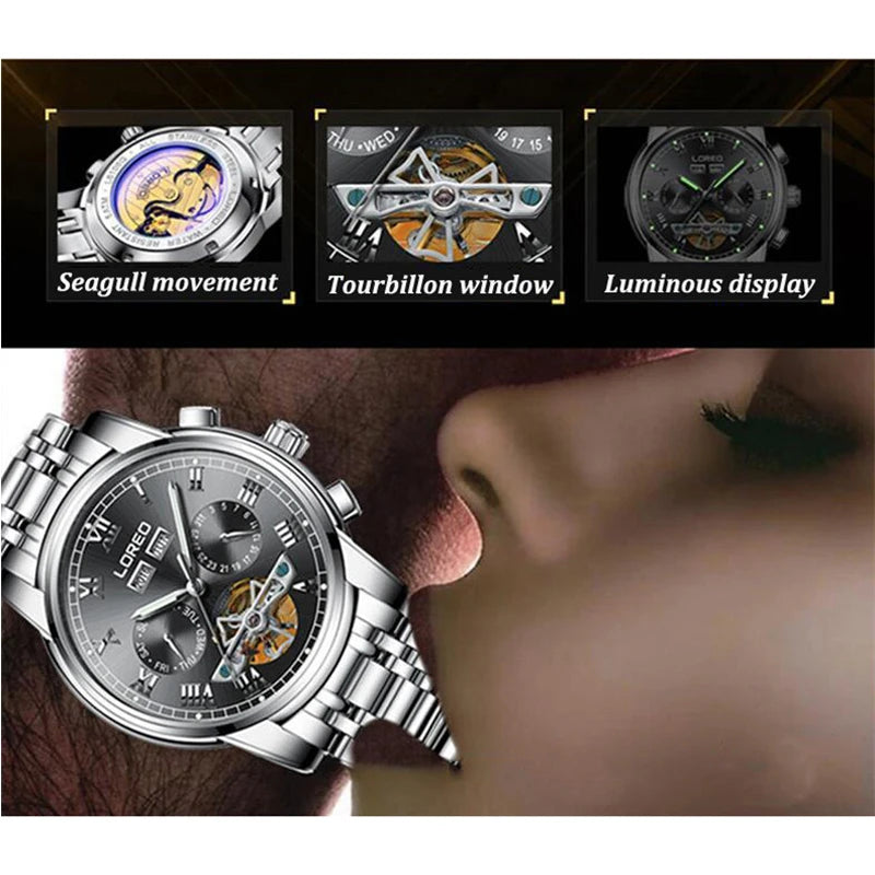 LOREO Tourbillon Mechanical Watch Men Luminous.