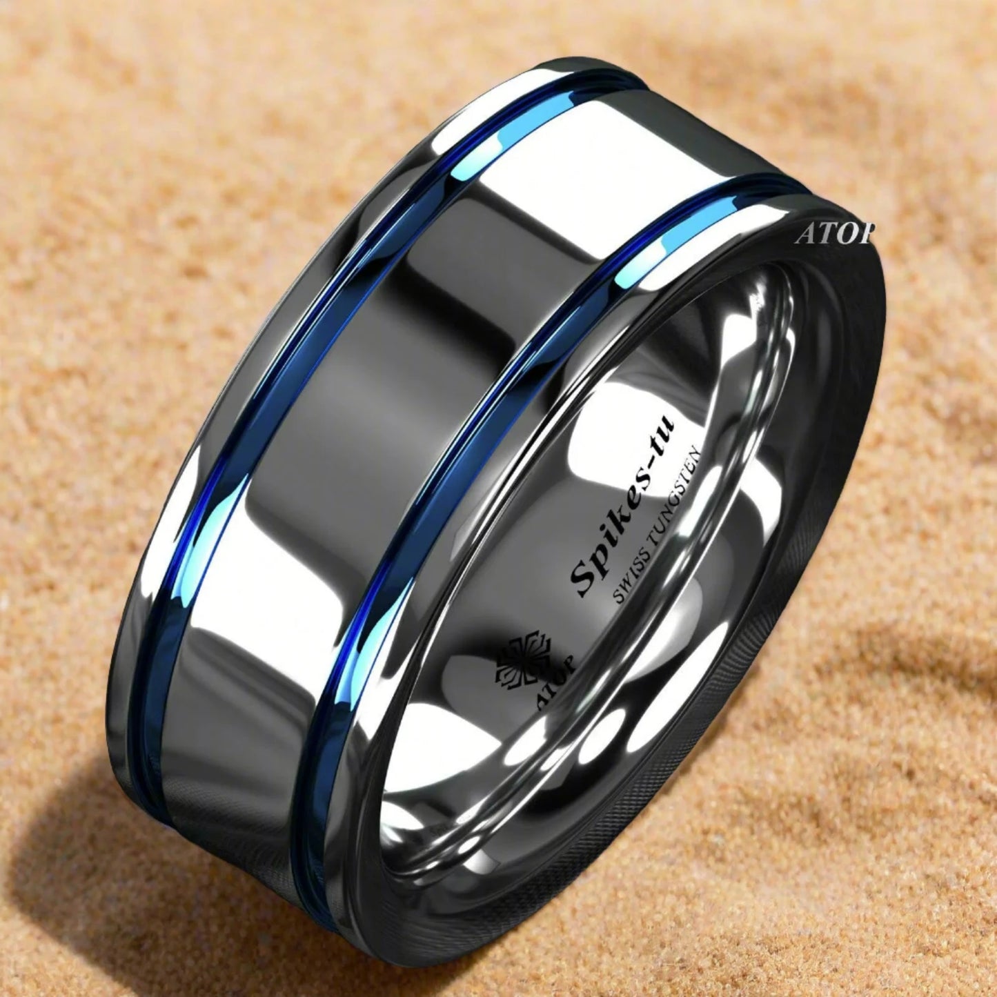 Men's Tungsten Carbide ring Double Blue Stripe Wedding Band Ring Comfort Fit Free Shipping