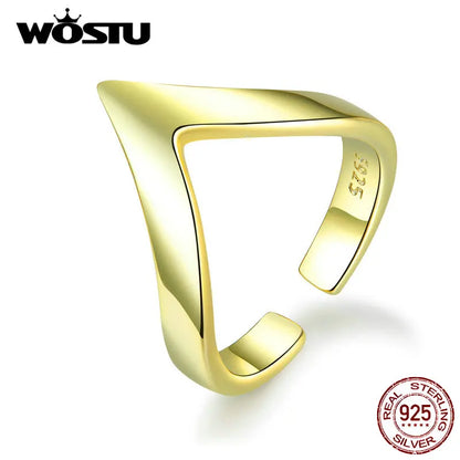 WOSTU Real 925 Sterling Silver V Shape Gold Color Ring For Women Adjustable Rings Wedding Engagement Jewelry Gift CQR470