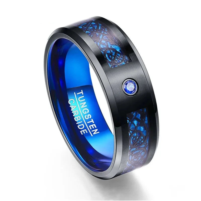 Foreign Trade Carbon Fiber Scrub Blue Zircon Men Rings 100% Tungsten Carbide Anillos para hombres Black Dragon