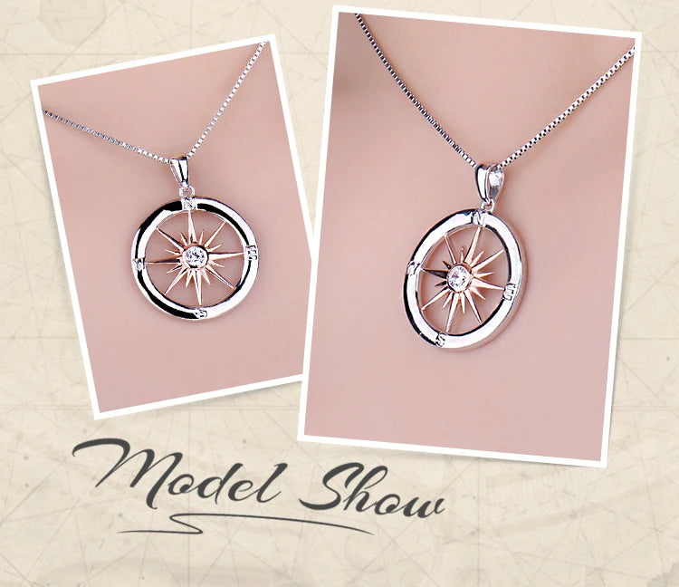 JewelryPalace Sun Star Compass Circle 925 Sterling Silver Rose Gold Pendant Necklace Women Round Cubic Zirconia Pendant No Chain