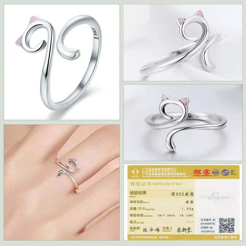 Silver Moon Cat Finger Rings for Women.