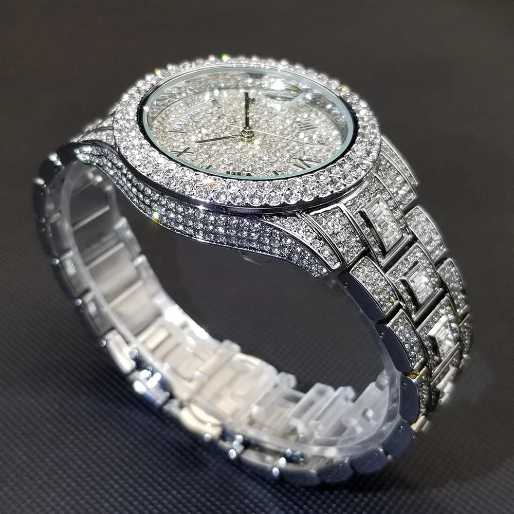 MISSFOX Diamond Mens Watches Luxury Silver.