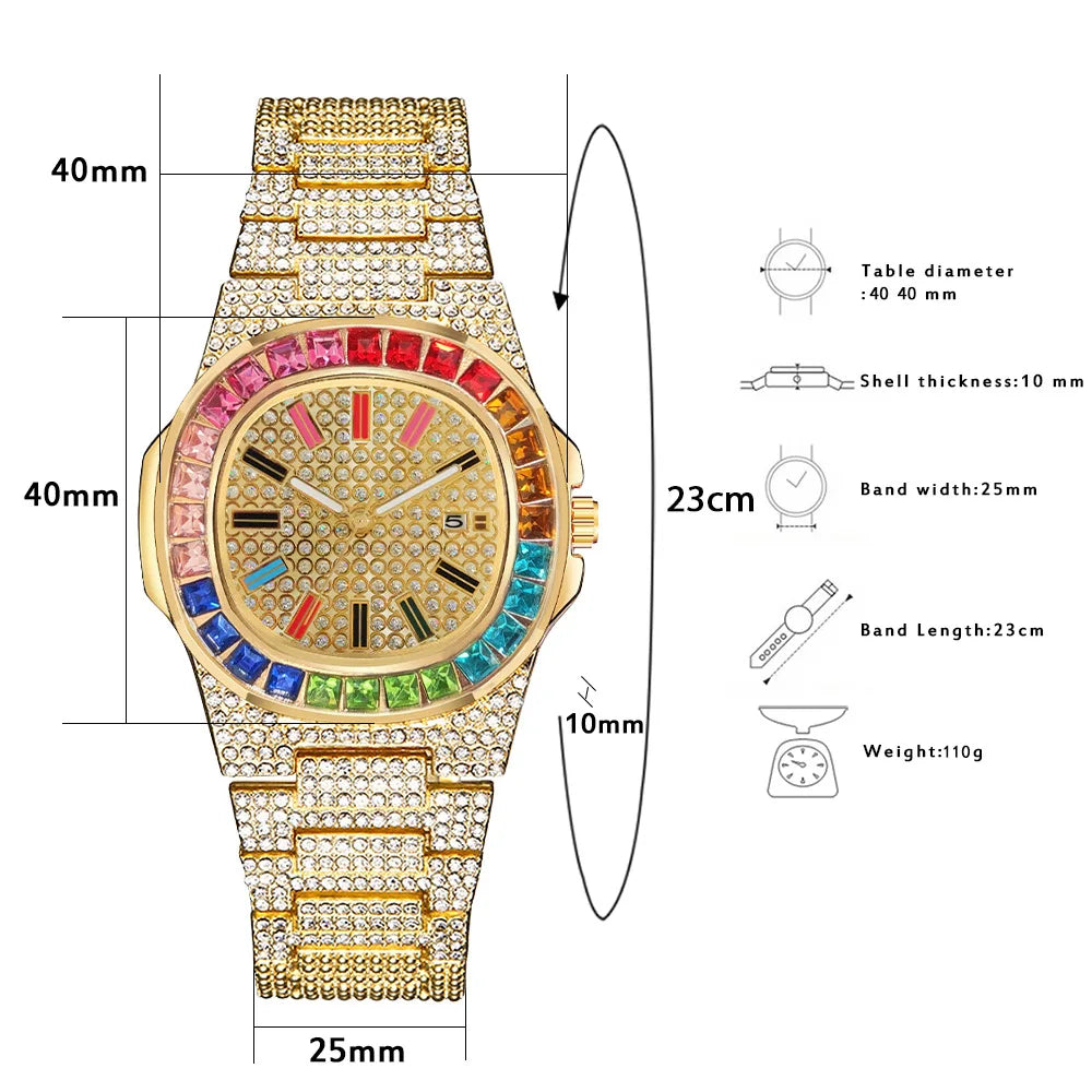 Mens Watch Top Brand for Men Women Luxury Iced Out Watch Black Gold Crystal Calendar Fashion Wrist Watches Men Relogio Masculino