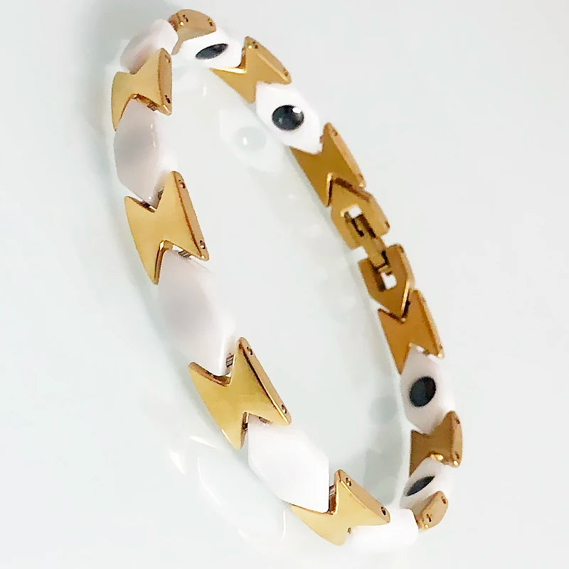 Gold Color Stainless Steel White Ceramic Mens Bracelets 7MM Women&