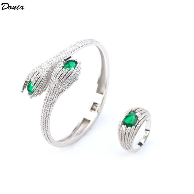 Donia Jewelry European and American luxury green AAA zircon open bracelet zircon fashion bracelet ring set women