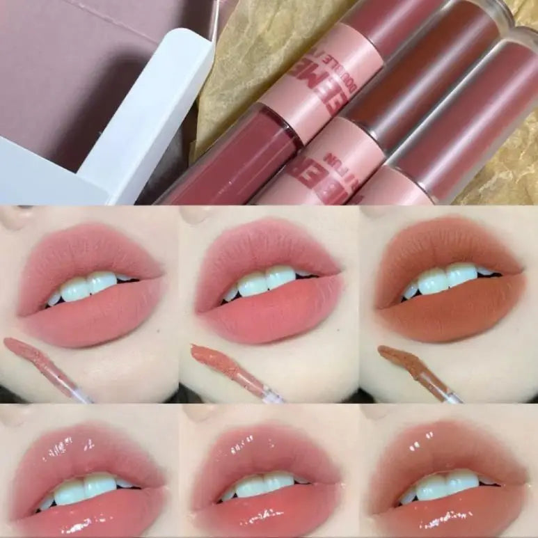 New Update!LEEMEMBER Double-Headed Two Effect Lip Glaze Water Mirror Surface Glossy & Matte Non-Stick Liquid Lip Mud Tint Makeup