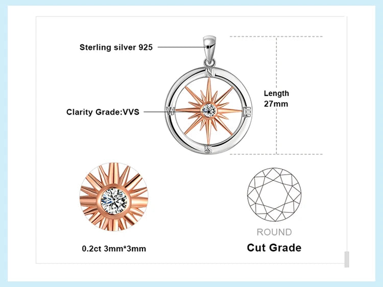 JewelryPalace Sun Star Compass Circle 925 Sterling Silver Rose Gold Pendant Necklace Women Round Cubic Zirconia Pendant No Chain