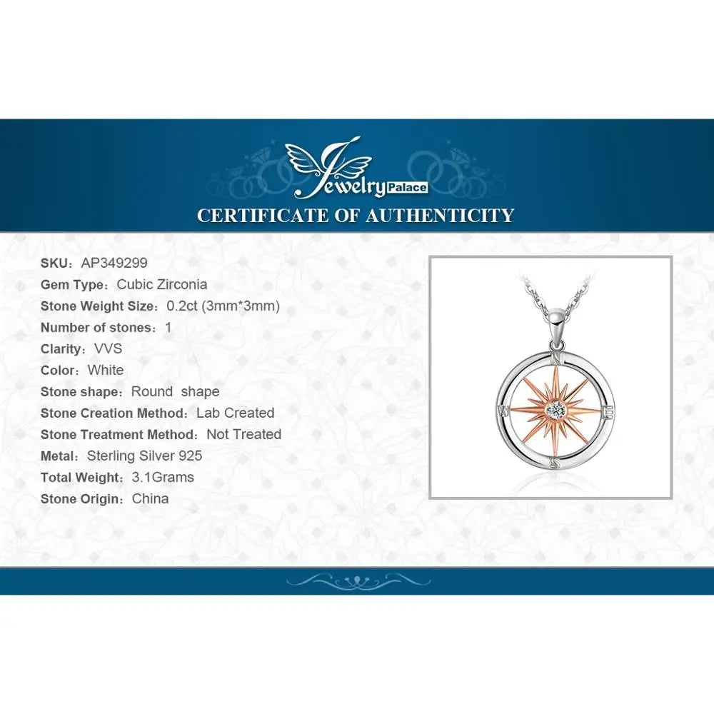 JewelryPalace Sun Star Compass Circle 925 Sterling Silver Rose Gold Pendant Necklace Women Round Cubic Zirconia Pendant No Chain