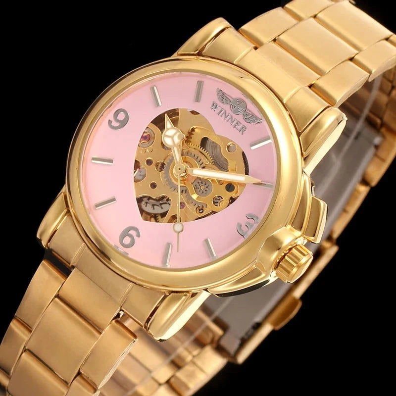 Brand Winner Watch Women Heart-shaped Watches Skeleton Luxury Gold Full Steel Automatic Mechanical Wristwatches Reloj Mujer 2020