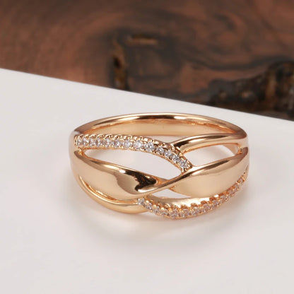 JULYDREAM Fashion Twist Double Zircon Women Rings 585 Gold Color Trendy Party Accessories Modern Wedding Jewelry Hypoallergenic