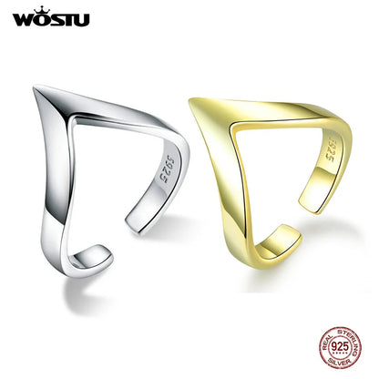 WOSTU Real 925 Sterling Silver V Shape Gold Color Ring For Women Adjustable Rings Wedding Engagement Jewelry Gift CQR470