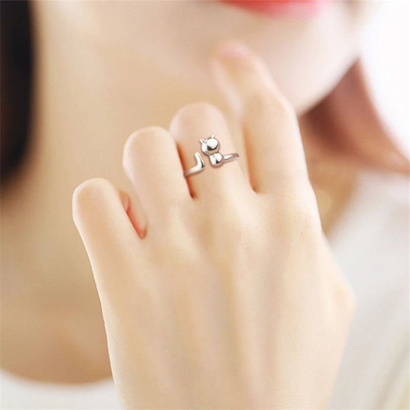 Silver 925 Rings For Women Korea Style Cat Finger Ring.