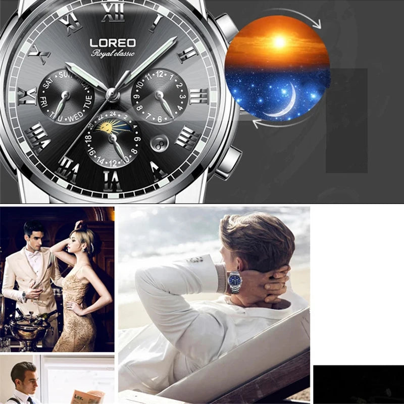 LOREO Top Brand Luxury Sapphire Waterproof Stainless Steel Watch.