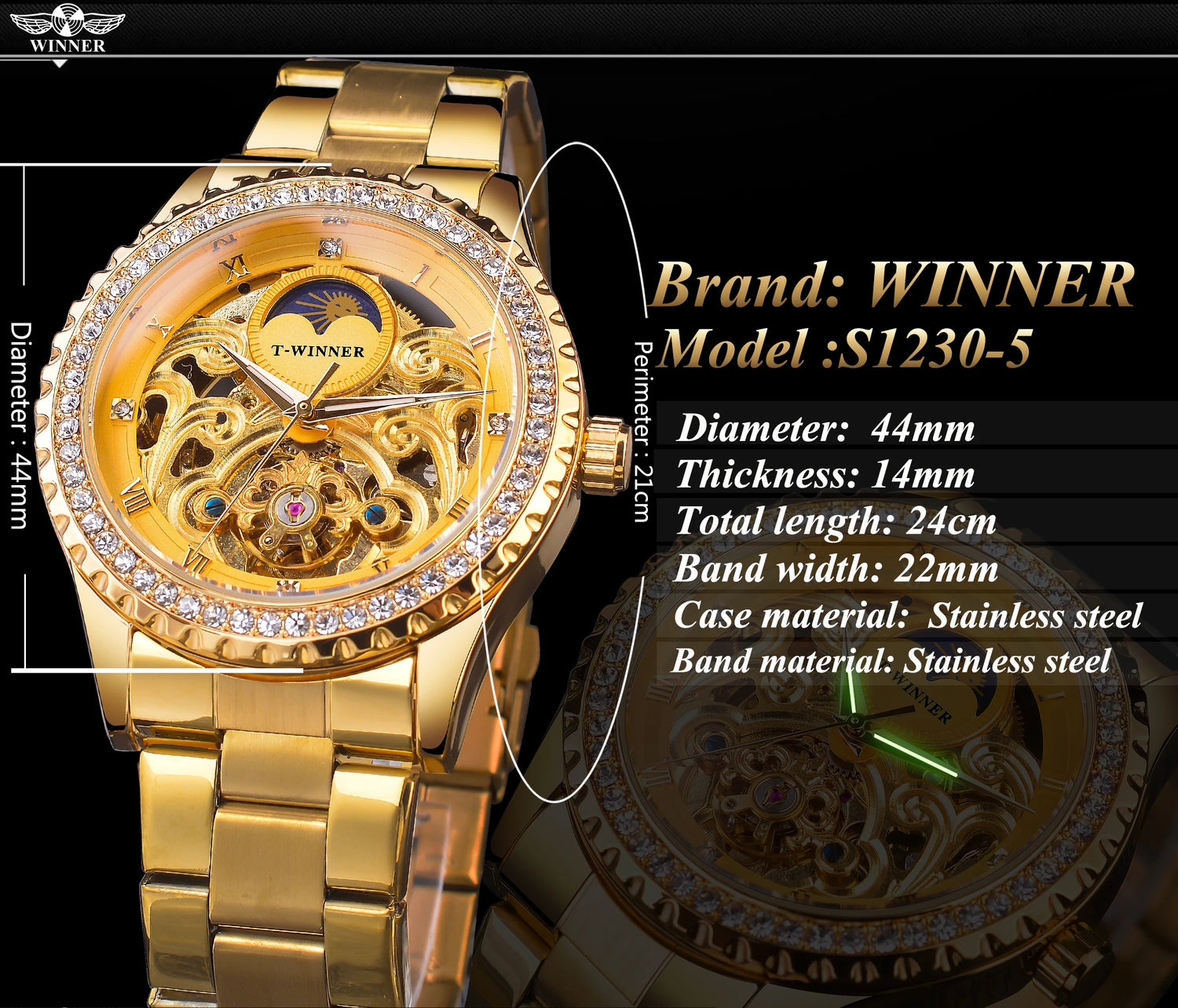 Winner Golden Moon Design Luxury Watches