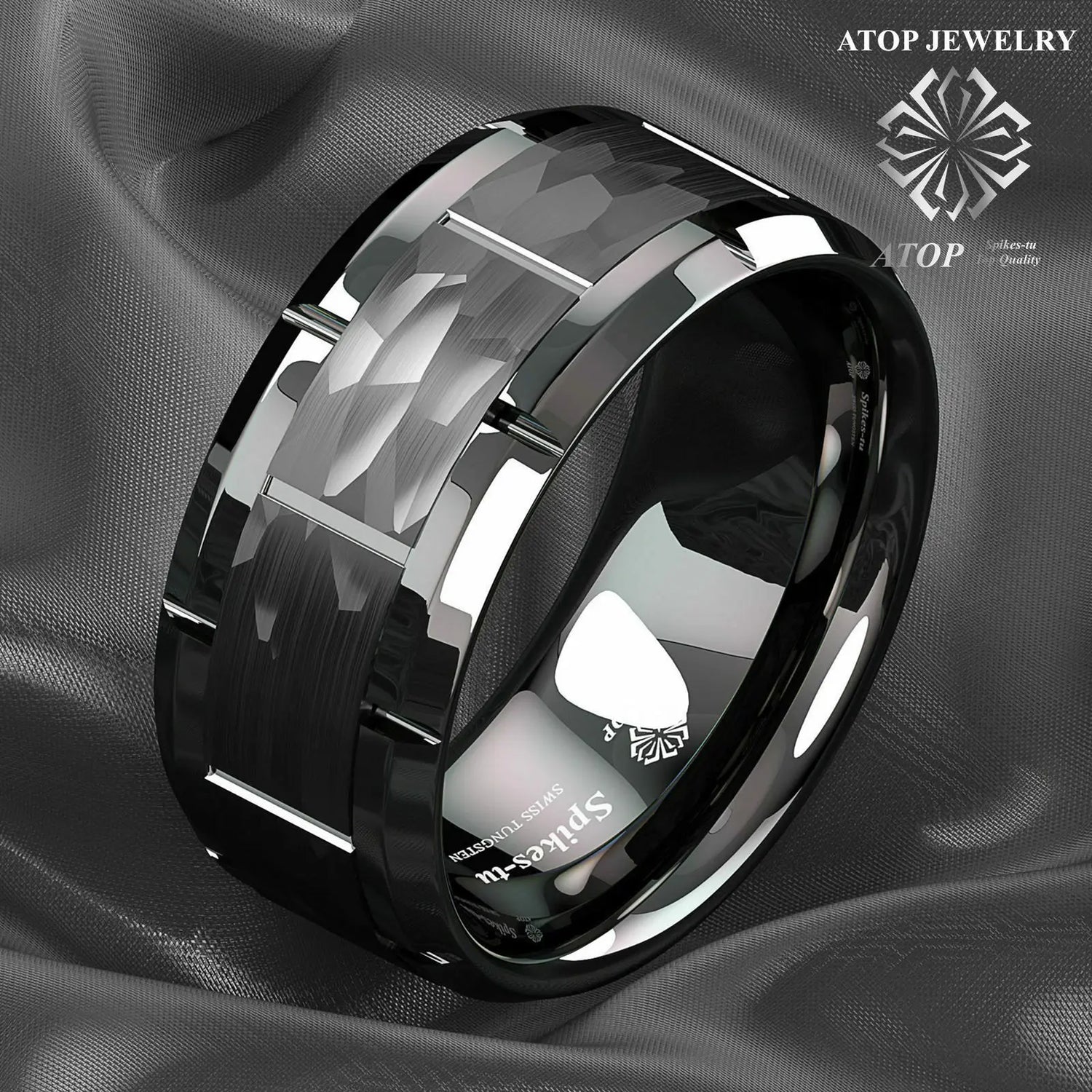 Black Tungsten Ring with Hammered Pattern.