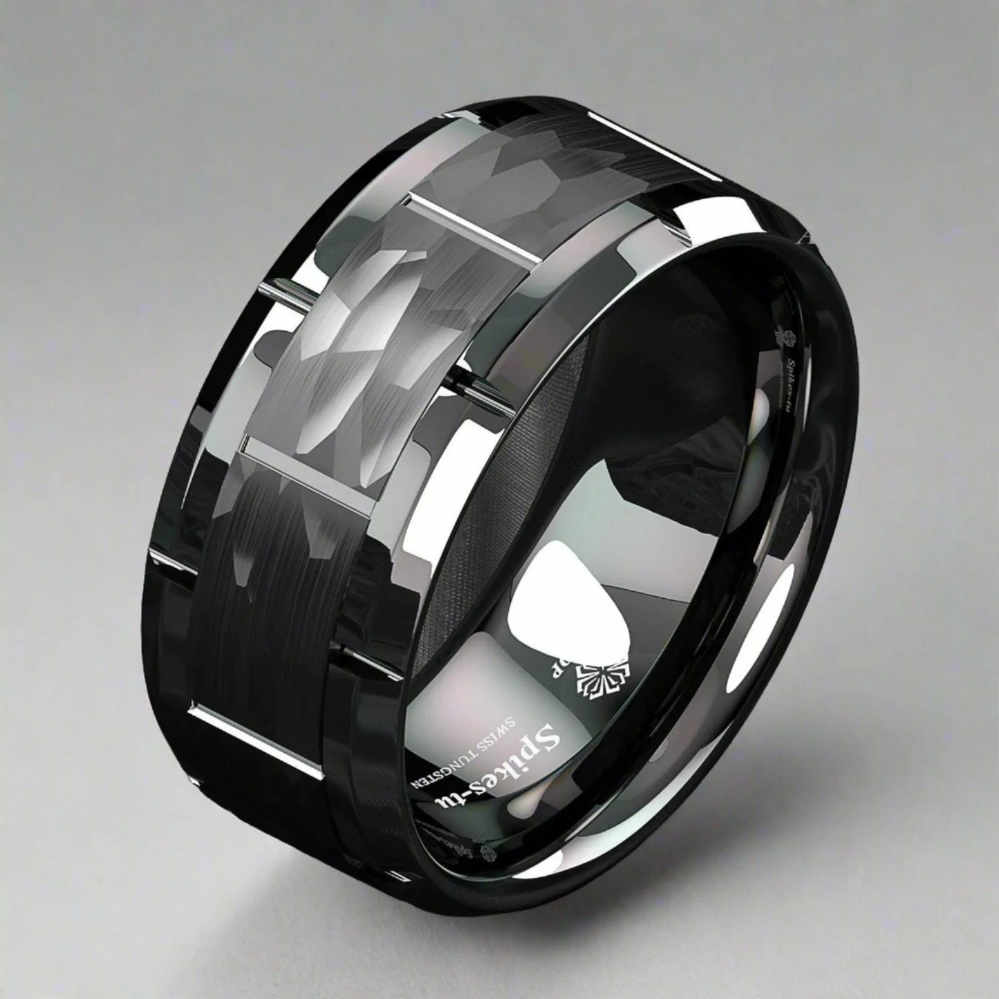 **Black Tungsten Ring Hammered Wedding Band**