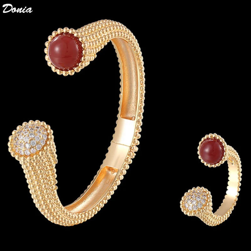 Donia Jewelry gold Simple square Beaded open-ended bangle and ring jewelry set fashion copper bangle everyone new year gifts