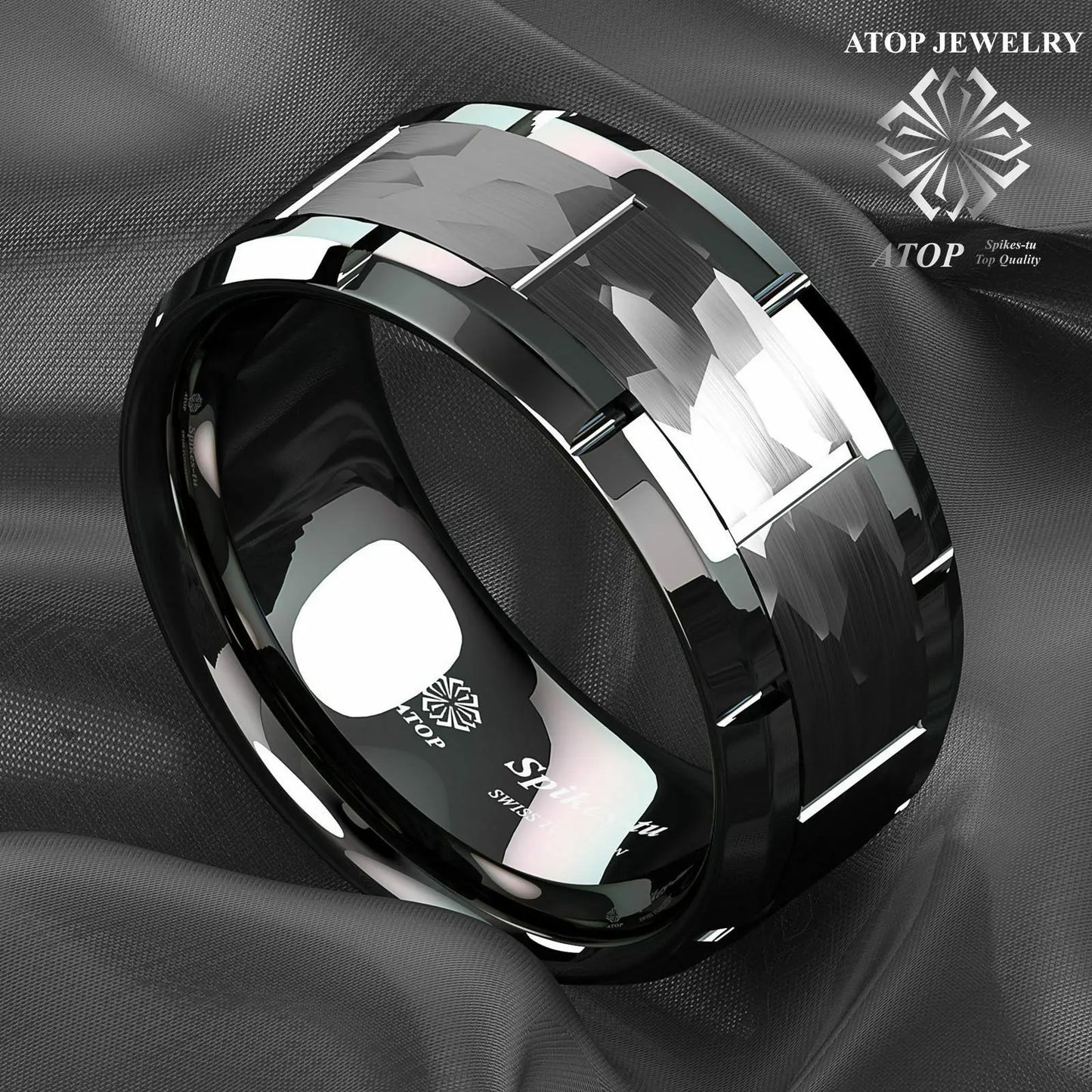 Black Tungsten Ring with Hammered Pattern.