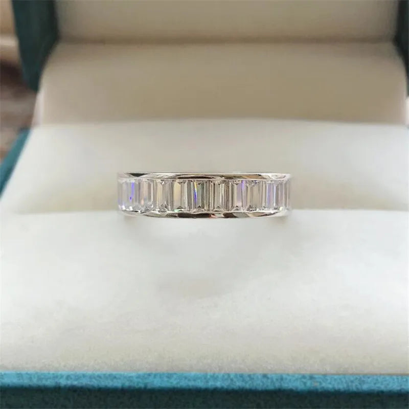 Unique Luxury Jewelry Pure 100%  925 Sterling Silver Princess Cut White Topaz CZ Diamond Women Wedding Band Ring Never Fade