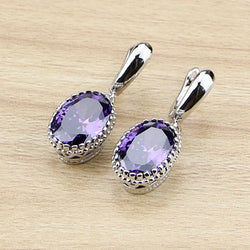 Oval Purple Zircon Stones Dangle Earrings Silver Color  Jewelry Drop Earring For Women Free Gifts Box