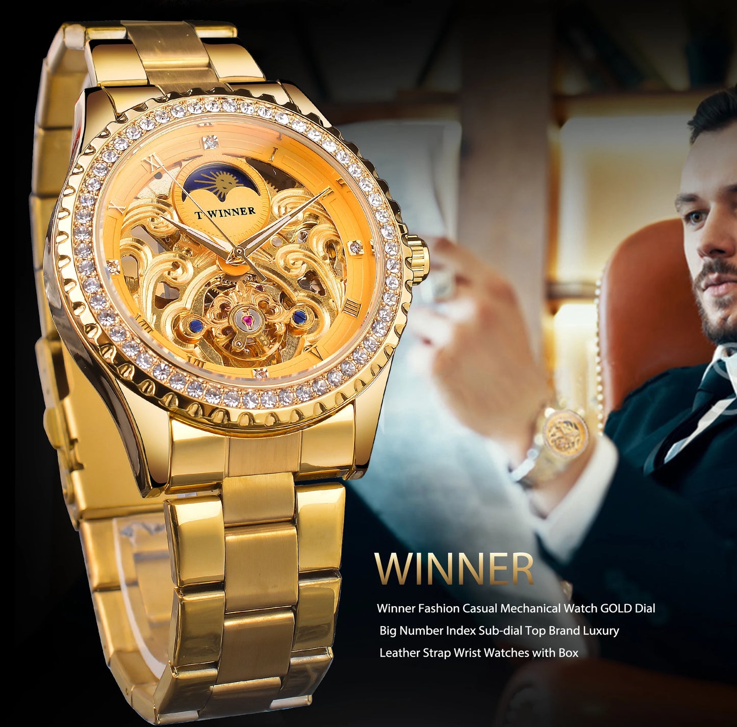 Winner Golden Moon Design Luxury Watches