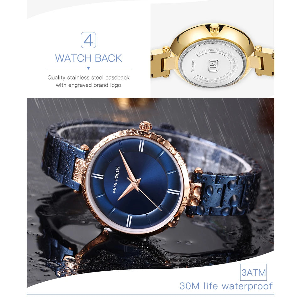 MINI FOCUS 2019 Fashion Elegant Ladies Watch Blue Stainless Steel Strap Rose Golden Bezel Top Brand Luxury Dress Women Watches