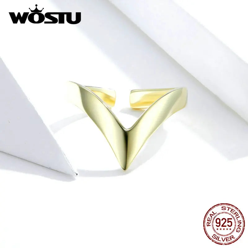 WOSTU Real 925 Sterling Silver V Shape Gold Color Ring For Women Adjustable Rings Wedding Engagement Jewelry Gift CQR470