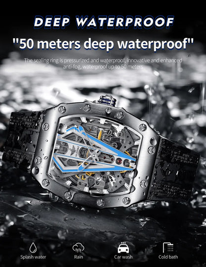 OUPINKE Mens Watches Luxury Brand Automatic Mechanical Wristwatch Fashion Skeleton Silicone Strap Sports Waterproof  Watch Men