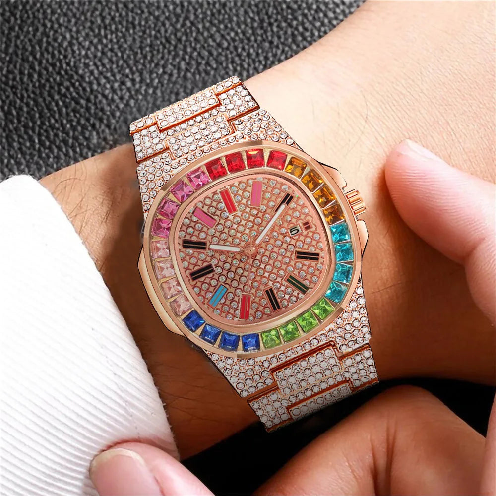 Mens Watch Top Brand for Men Women Luxury Iced Out Watch Black Gold Crystal Calendar Fashion Wrist Watches Men Relogio Masculino