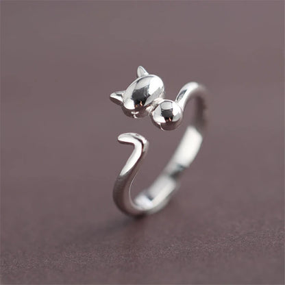 Silver 925 Rings For Women Korea Style Cat Finger Ring.