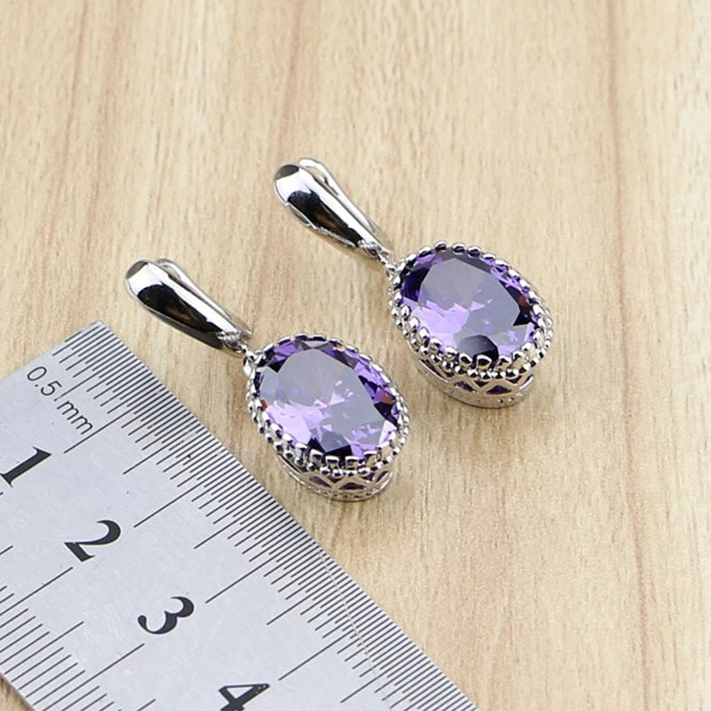 Oval Purple Zircon Stones Dangle Earrings Silver Color  Jewelry Drop Earring For Women Free Gifts Box