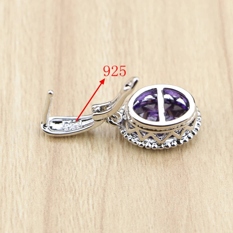 Oval Purple Zircon Stones Dangle Earrings Silver Color  Jewelry Drop Earring For Women Free Gifts Box