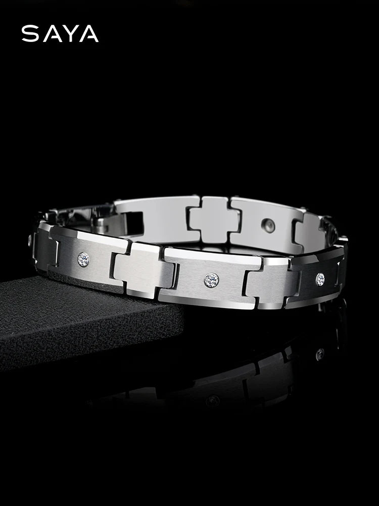 Tungsten Bracelet for Men Carbide Chain Jewelry Inlay CZ Stones 10mm Width 20 cm Length, Free Shipping, Customized