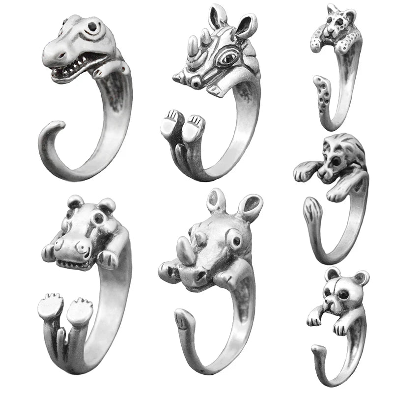 Retro Cute Dinosaur&amp;Rhino&amp;Leopard&amp;Lion Rings For Women Girls Party Gift Boho Vintage Adjustable Animals Anillos Men Anel Jewelry