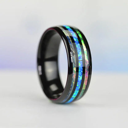 Rose Gold Color Tungsten Wedding Men Stainless Steel Rings Inlay Abalone Shell Blue Opal Rings Men Wedding Jewelry