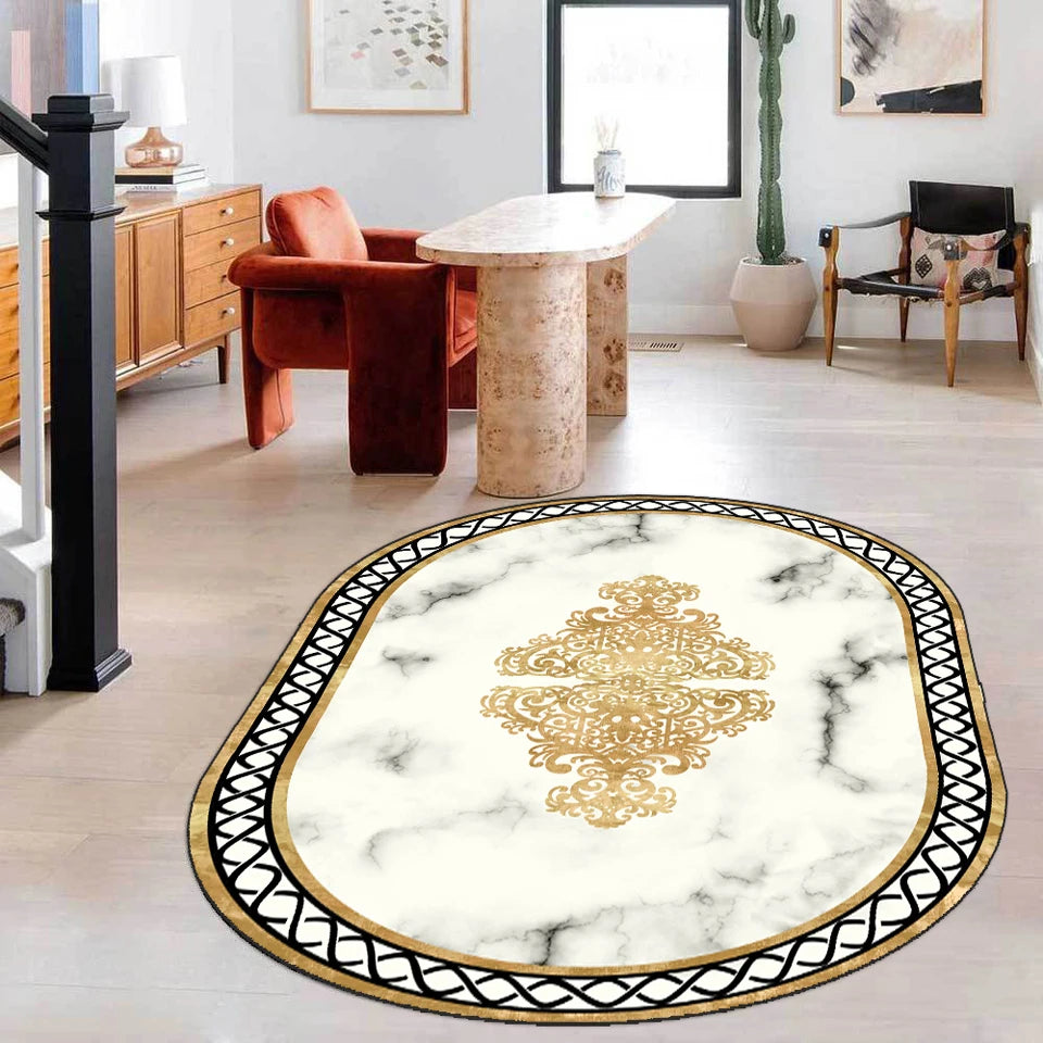 Luxury White Gold Marble Carpet Living Room Oval Frame Interior Design Area Rug Modern Home Decor Bedroom Rug Corridor Floor Mat