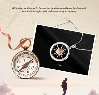 JewelryPalace Sun Star Compass Circle 925 Sterling Silver Rose Gold Pendant Necklace Women Round Cubic Zirconia Pendant No Chain