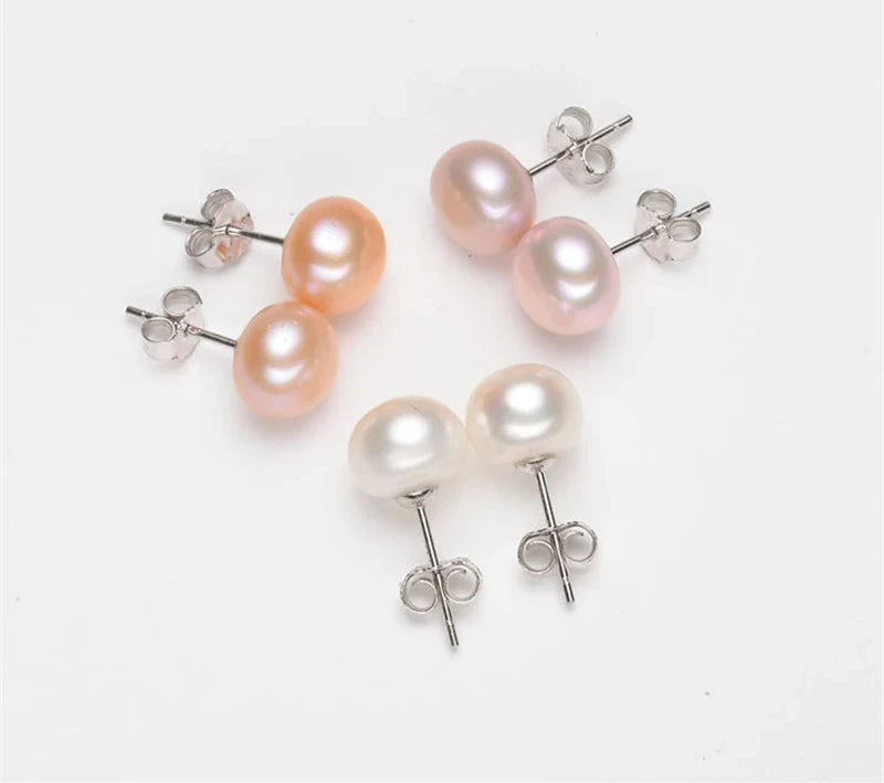 Silver Pearl Stud Earrings - Natural Freshwater.