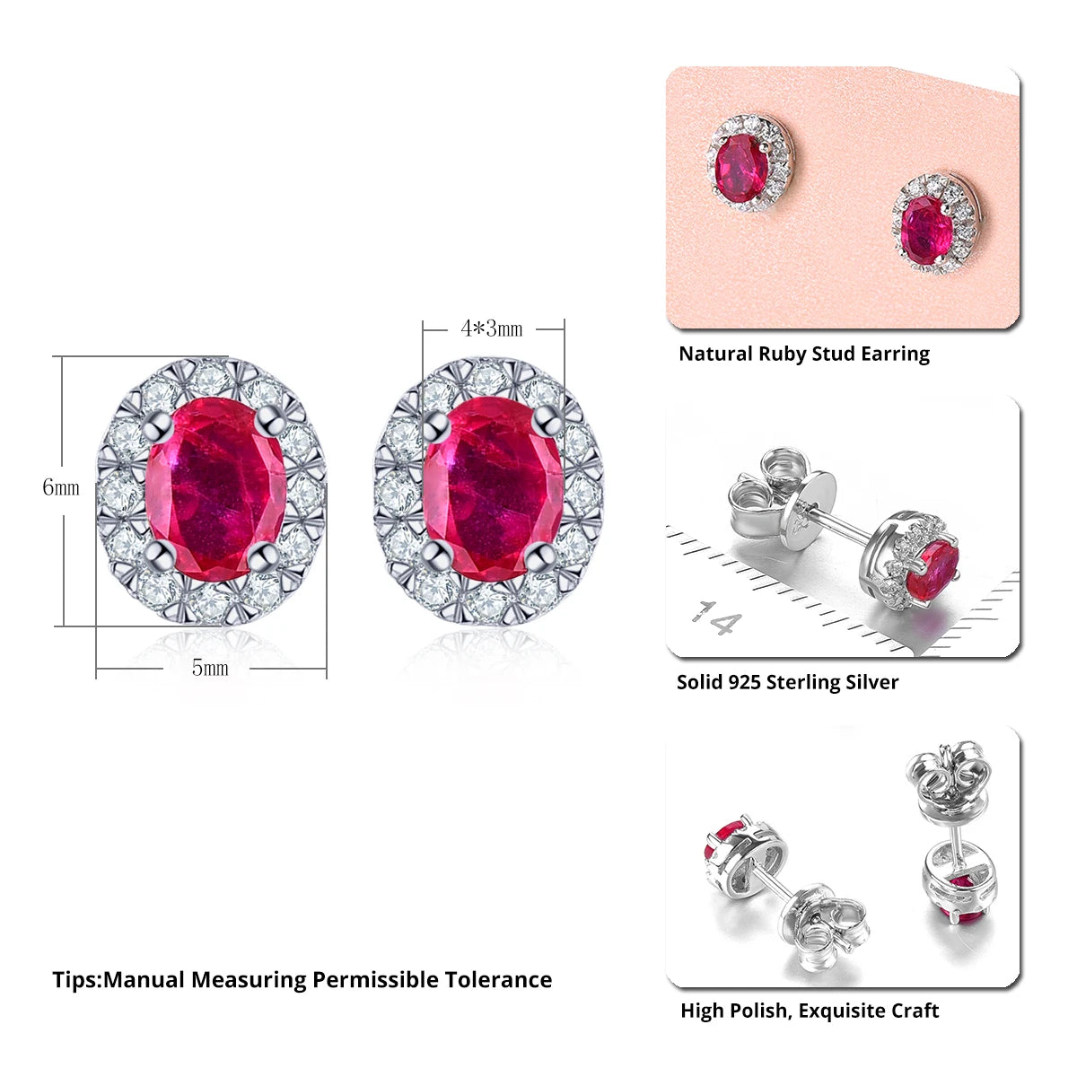 Natural Ruby Gemstone Sterling Silver Stud Earrings 0.5 Carats Genuine Precious Stone Women Romantic Elegant S925 Jewelrys