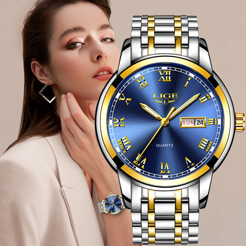 LIGE Women Watches Simple Stainless Steel Clock.