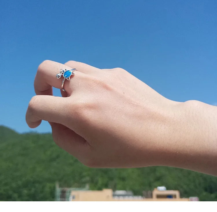 Simple Cute Blue Cat Bead Ring.